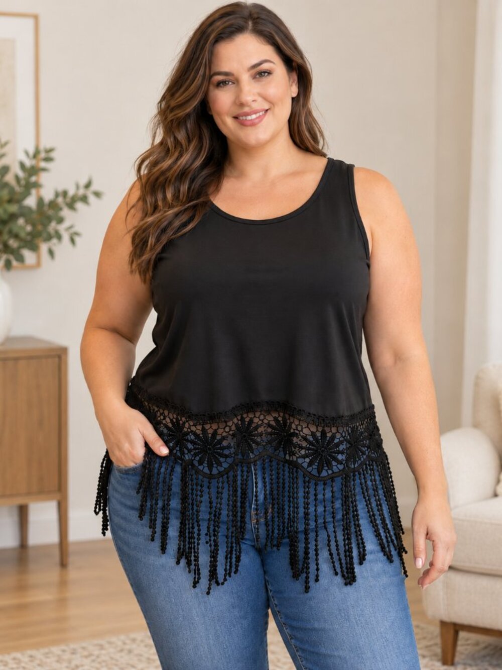 SHEIN Curve 2XL Black Lace Fringe Hem Sleeveless Plus Size Tank Top